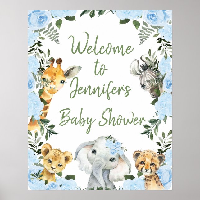 Boys Blue Floral Safari Baby Shower Welcome Poster (Front)
