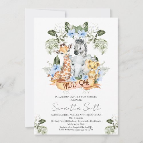 Boys Blue Floral Safari Wild One Baby Shower Invitation