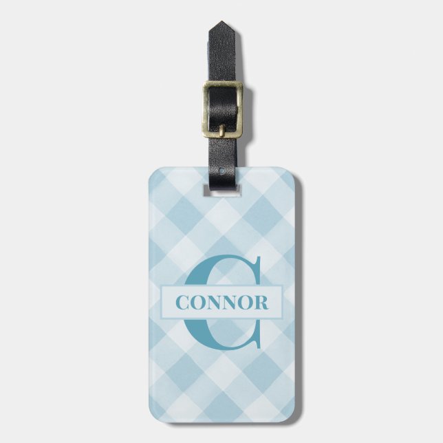 Boys Blue Gingham Initial Preppy School Bag Tag  (Front Vertical)