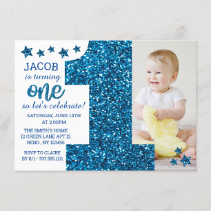 Boys Blue Glitter Photo First Birthday Invitation