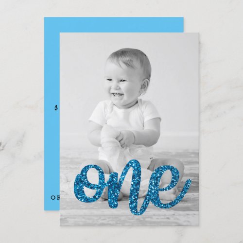 Boys Blue Glitter Photo First Birthday Invitation