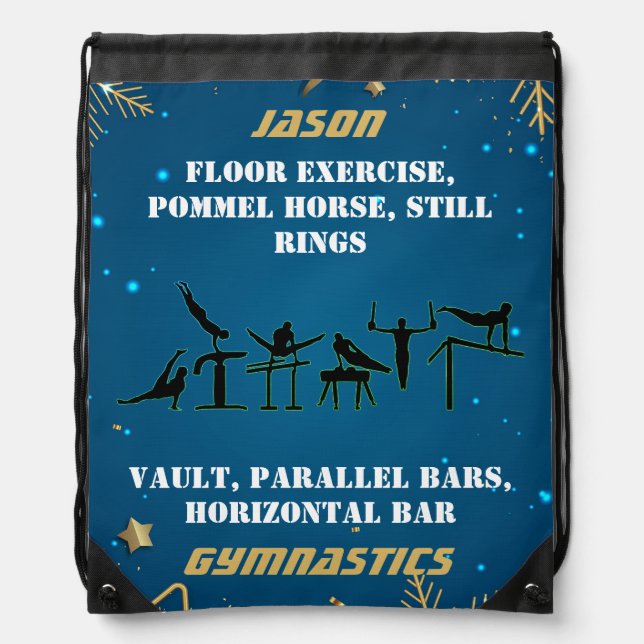 Boys Blue Gold Winter Gymnastics Personalized  Drawstring Bag (Front)