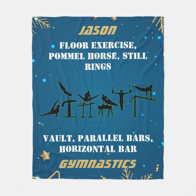 Boys Blue Gold Winter Gymnastics Personalized Fleece Blanket (Front)