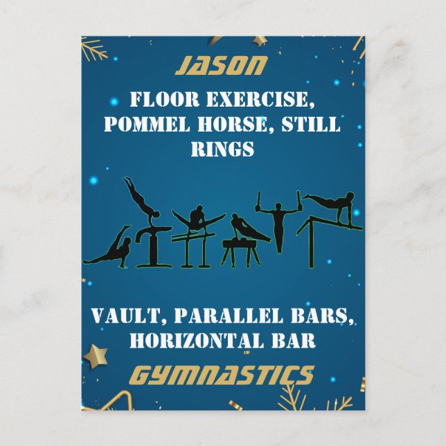 Boys Blue Gold Winter Gymnastics Personalized   Postcard (Front)