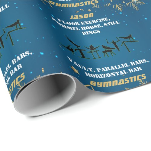Boys Blue Gold Winter Gymnastics Personalized   Wrapping Paper