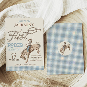Boys Blue Gray Brown First Rodeo 1st Birthday Invitation
