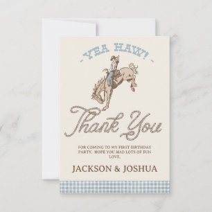 Boys Blue Gray Twins First Rodeo 1st Birthday Thank You Card