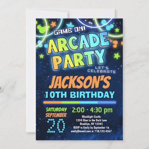 Boys Blue Green Arcade Party Birthday Invitation