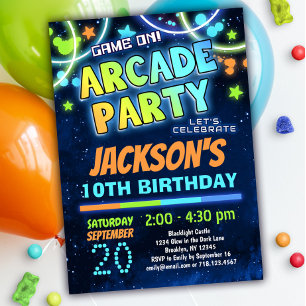 Boys Blue Green Arcade Party Birthday Invitation