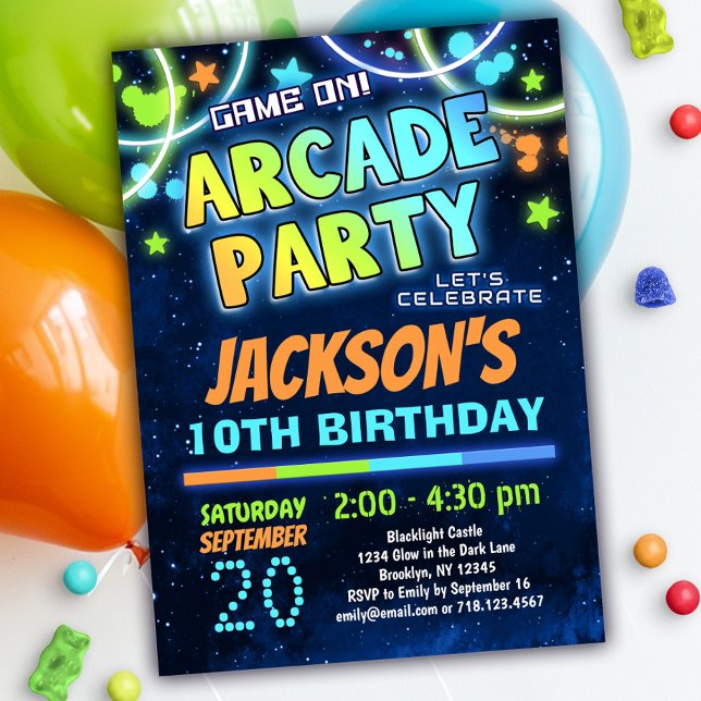 Boys Blue Green Arcade Party Birthday Invitation (Creator Uploaded)