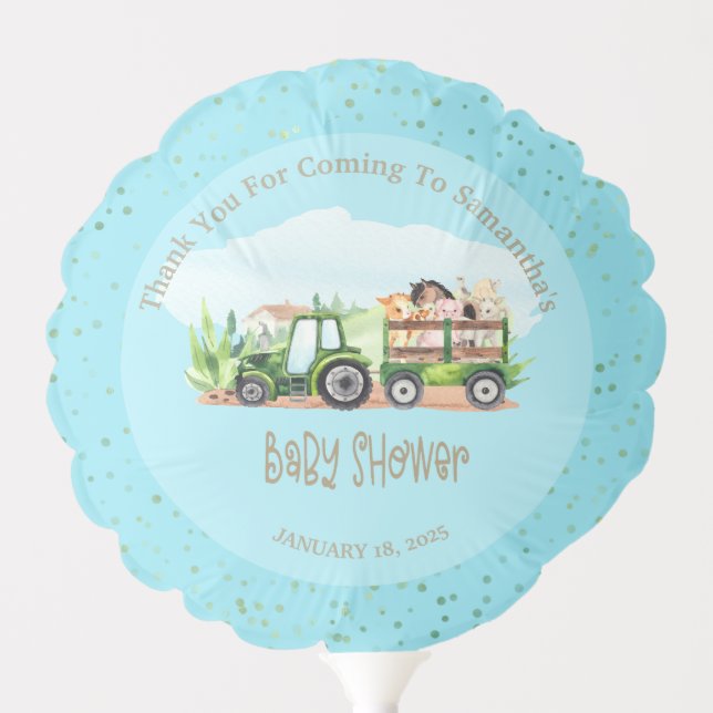 Boys Blue Green Farm Animals Tractor Baby Shower   Balloon (Front)