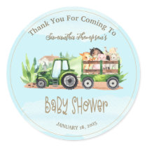 Boys Blue Green Farm Animals Tractor Baby Shower   Classic Round Sticker