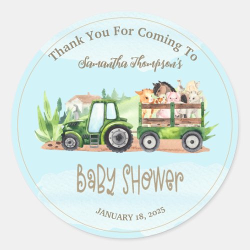 Boys Blue Green Farm Animals Tractor Baby Shower   Classic Round Sticker