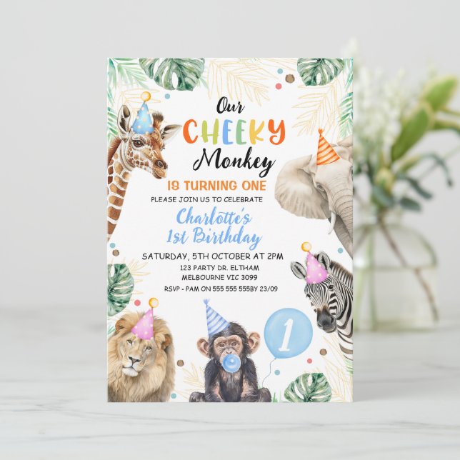 Boys Blue Hat Our Cheeky Monkey Birthday Invitation (Standing Front)