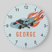 Boys Blue Hot Flames & Racing Car Kids Room Large Clock
