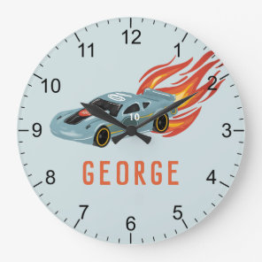 Boys Blue Hot Flames & Racing Car Kids Room Large Clock