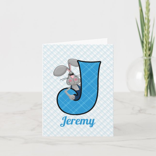 Boys Blue Jackrabbit Monogrammed Letter J Blank Note Card (Front)