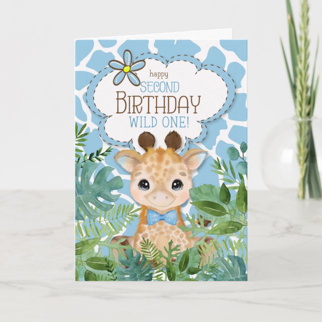 Boy's Blue Jungle Giraffe Theme 2nd Birthday Card (Front)