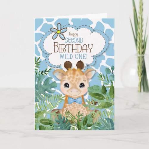 Boys Blue Jungle Giraffe Theme 2nd Birthday Card