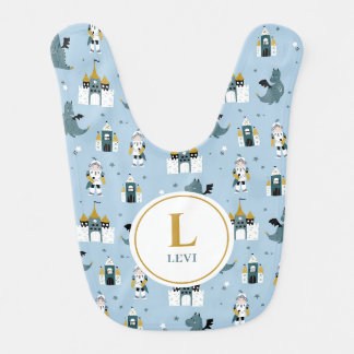 Boys Blue Knight Castle Dragon Personalized Name Baby Bib