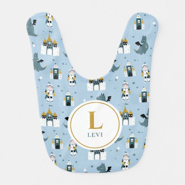 Boys Blue Knight Castle Dragon Personalized Name Baby Bib (Front)