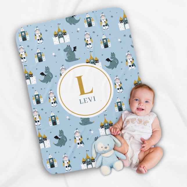 Boys Blue Knight Castle Dragon Personalized Name Baby Blanket (Creator Uploaded)