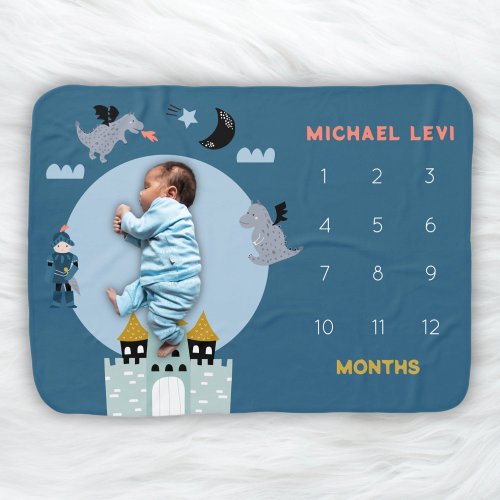 Boys Blue Knight Castle Monthly Milestone Baby Blanket