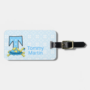 Boys Blue Letter T for Turtle Monogrammed Travel Luggage Tag