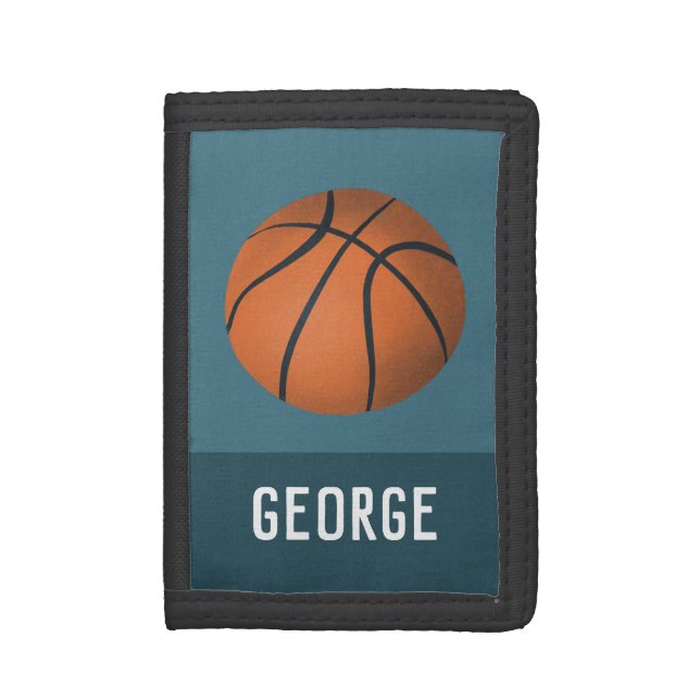 Boys Blue Modern and Sporty Basketball Kids Trifold Wallet (Front Vertical)
