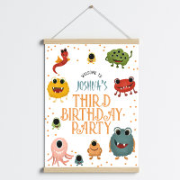 Boys Blue Monster Alien Kids Birthday Welcome Sign