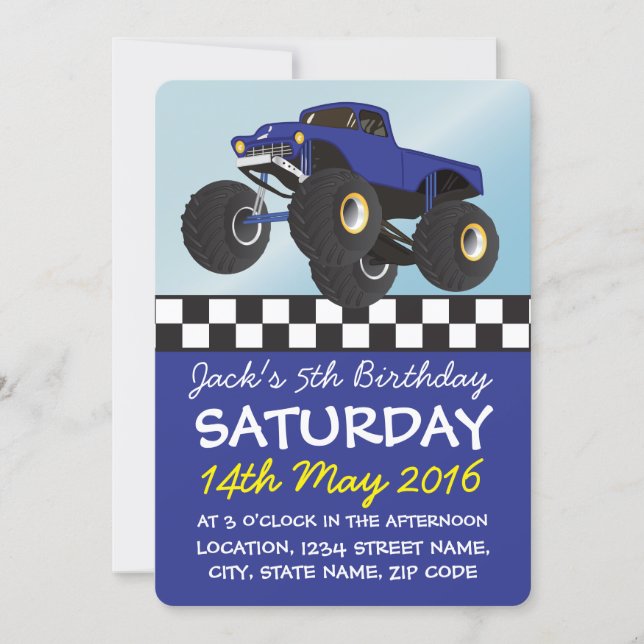 Boys Blue Monster Truck Personalized Birthday Invitation (Front)