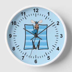 Boy's Blue Moose Knit Pattern Mongoram Letter M Wall Clock