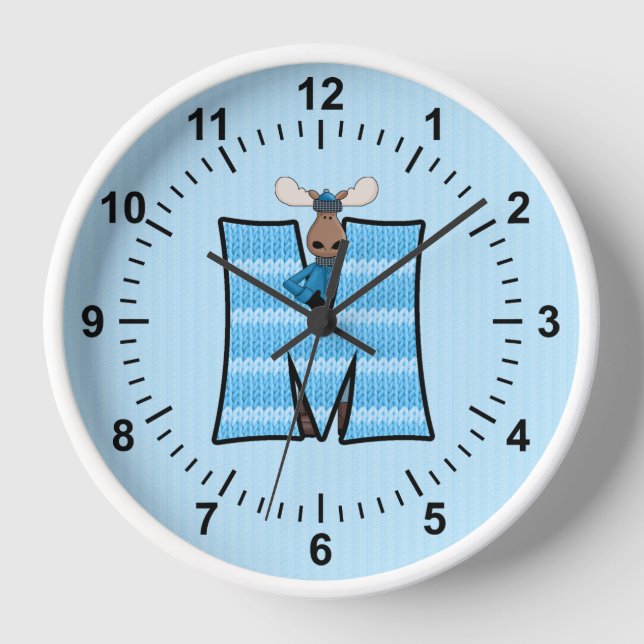 Boy's Blue Moose Knit Pattern Mongoram Letter M Wall Clock (Front)
