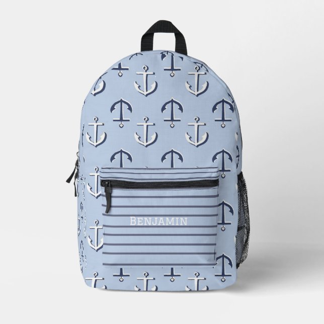 Boys Blue Nautical Personalized Printed Backpack (Front)
