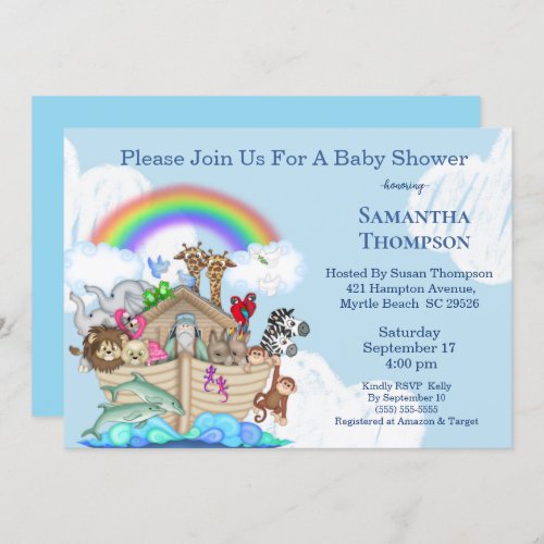 Boys Blue Noahs Ark Baby Shower Invitation