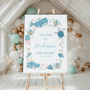 Boys Blue Ocean Under The Sea Baby Shower Welcome  Poster