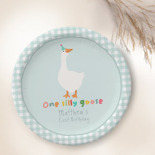 Boys Blue One Silly Goose 1st Birthday Paper Plates