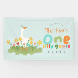 Boys Blue One Silly Goose 1st Birthday Welcome Banner
