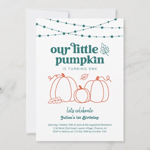 Boys Blue Our Little Pumpkin First Birthday Party Invitation