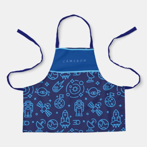 Boys Blue Outer Space Symbols Pattern Name Apron