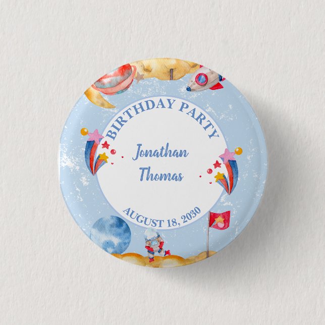 Boys Blue Outerspace Astronaut Birthday Party   Button (Front)