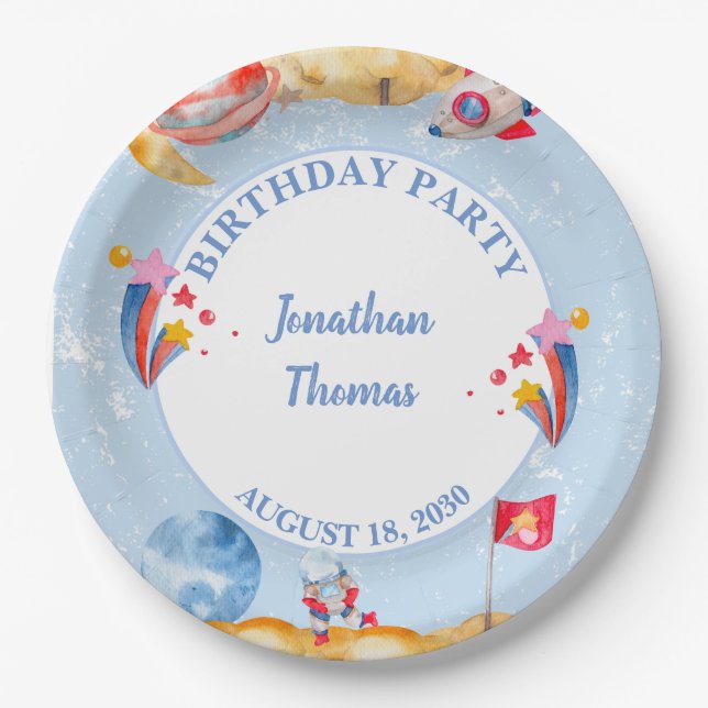 Boys Blue Outerspace Astronaut Birthday Party   Paper Plates (Front)