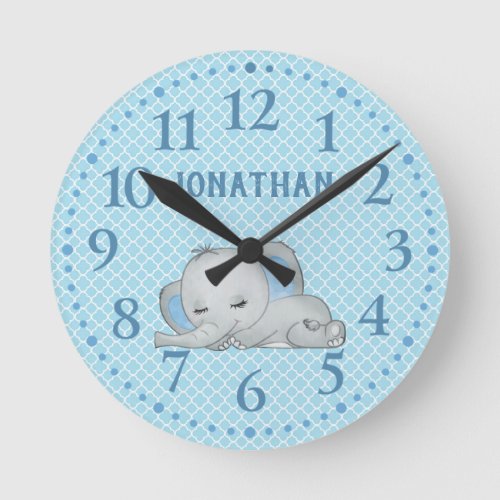 Boys Blue Personalized Cute Elephant Baby   Round Clock