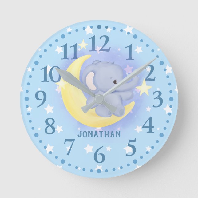Boys Blue Personalized Cute Elephant Moon Stars Round Clock (Front)
