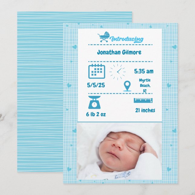 Boys Blue Photo Birth Stats Announcement (Front/Back)
