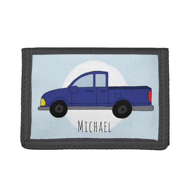 Boys Blue Pickup Truck Cartoon Kids Trifold Wallet (Front)
