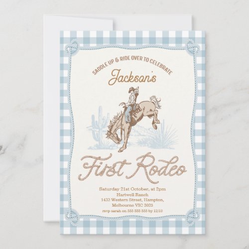 Boys Blue Plaid Cowboy First Rodeo 1st Birthday