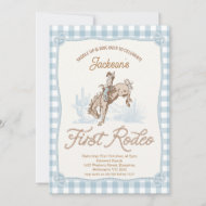 Boys Blue Plaid Cowboy First Rodeo 1st Birthday Invitation