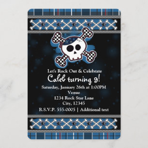 Boys Blue Plaid Skull Crossbones Party Invitations