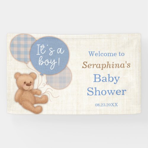 Boys Blue Plaid Teddy Bear Baby Shower Banner